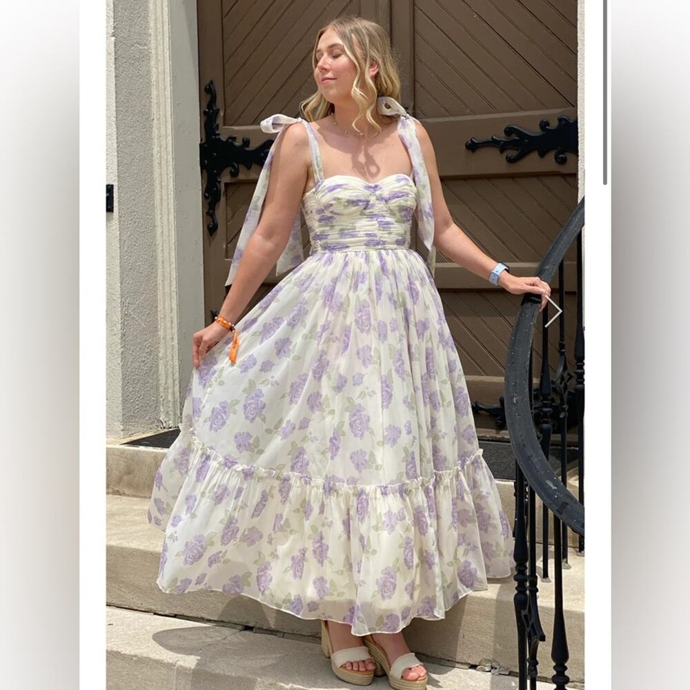 morning lavender debra purple & white floral sweetheart bow detil maxi dress - Picture 6 of 16